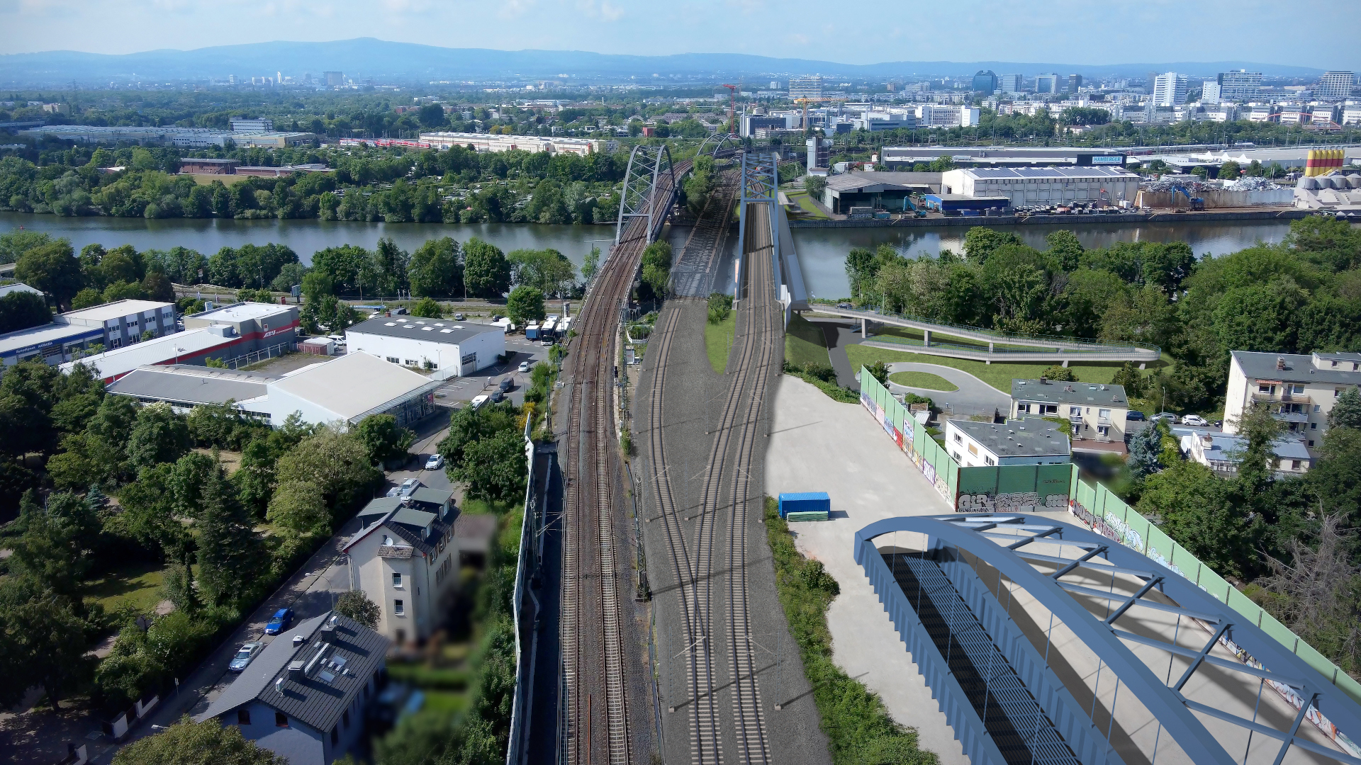 Drei Brücken, die rechte ist visualisiert, die in der Mitte ist ausgeblendet.